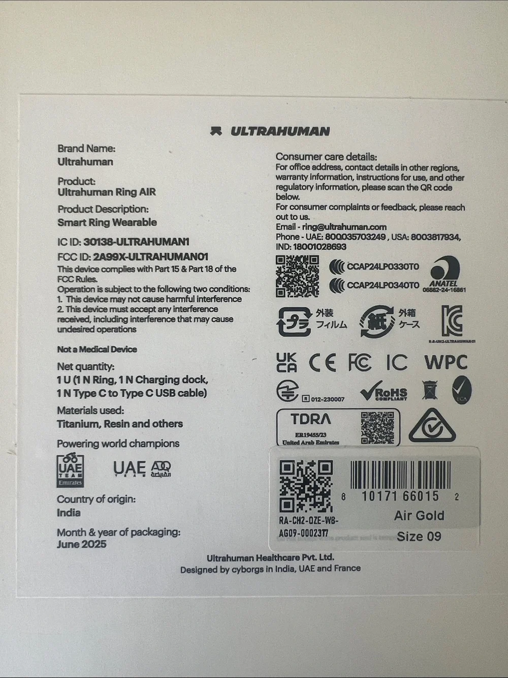 UltraHuman Ring Air - Brand New in Box! Air Gold Smart Ring Size 9